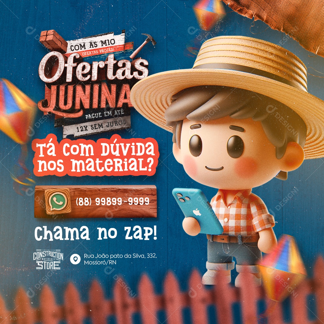 Loja de Materiais de Construção Ofertas Juninas Chama no Zap Social Media PSD Editável