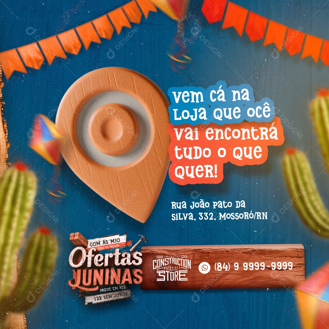Loja de Materiais de Construção Ofertas Juninas Vem Cá na Loja Social Media PSD Editável