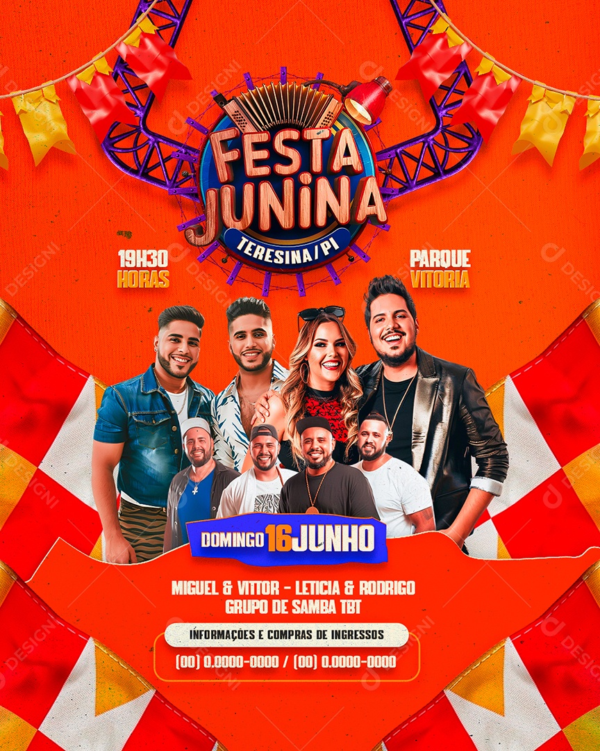 Flyer Festa Junina Miguel e Vittor Leticia e Rodrigo Grupo de Samba Tbt Social Media PSD Editável