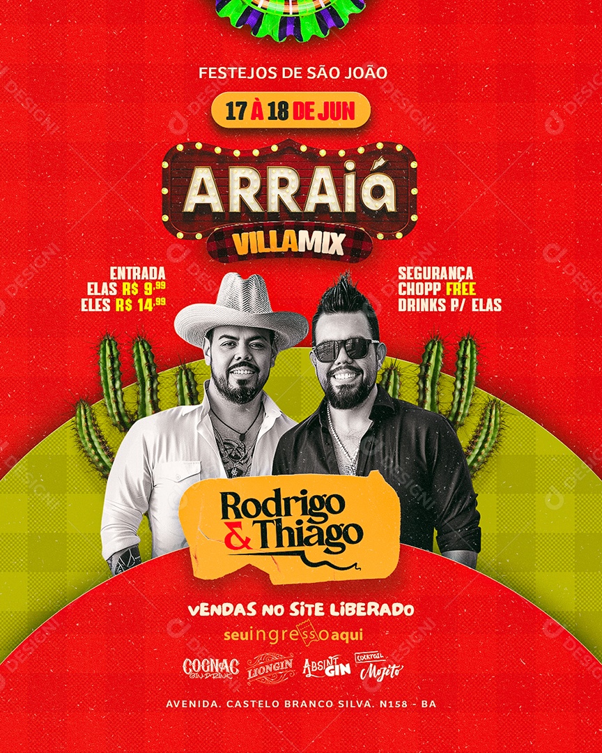 Flyer Arraiá Villa Mix Rodrigo e Thiago Social Media PSD Editável