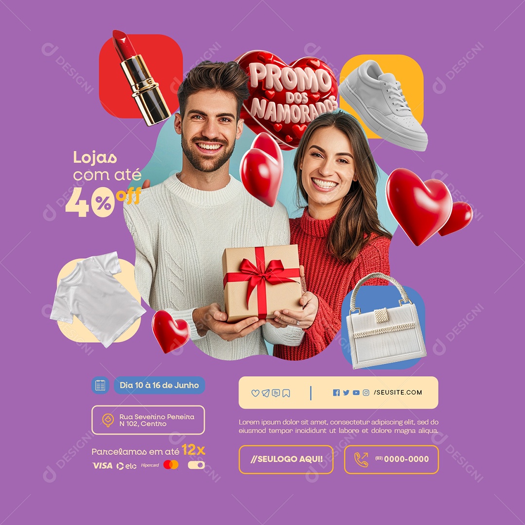 Shopping Promo Dos Namorados Batom Tênis Camisa e Bolsa Social Media PSD Editável