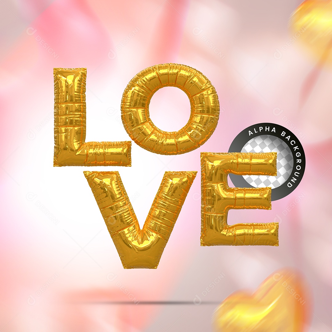 Love Selo 3D Dourado para Composição PSD