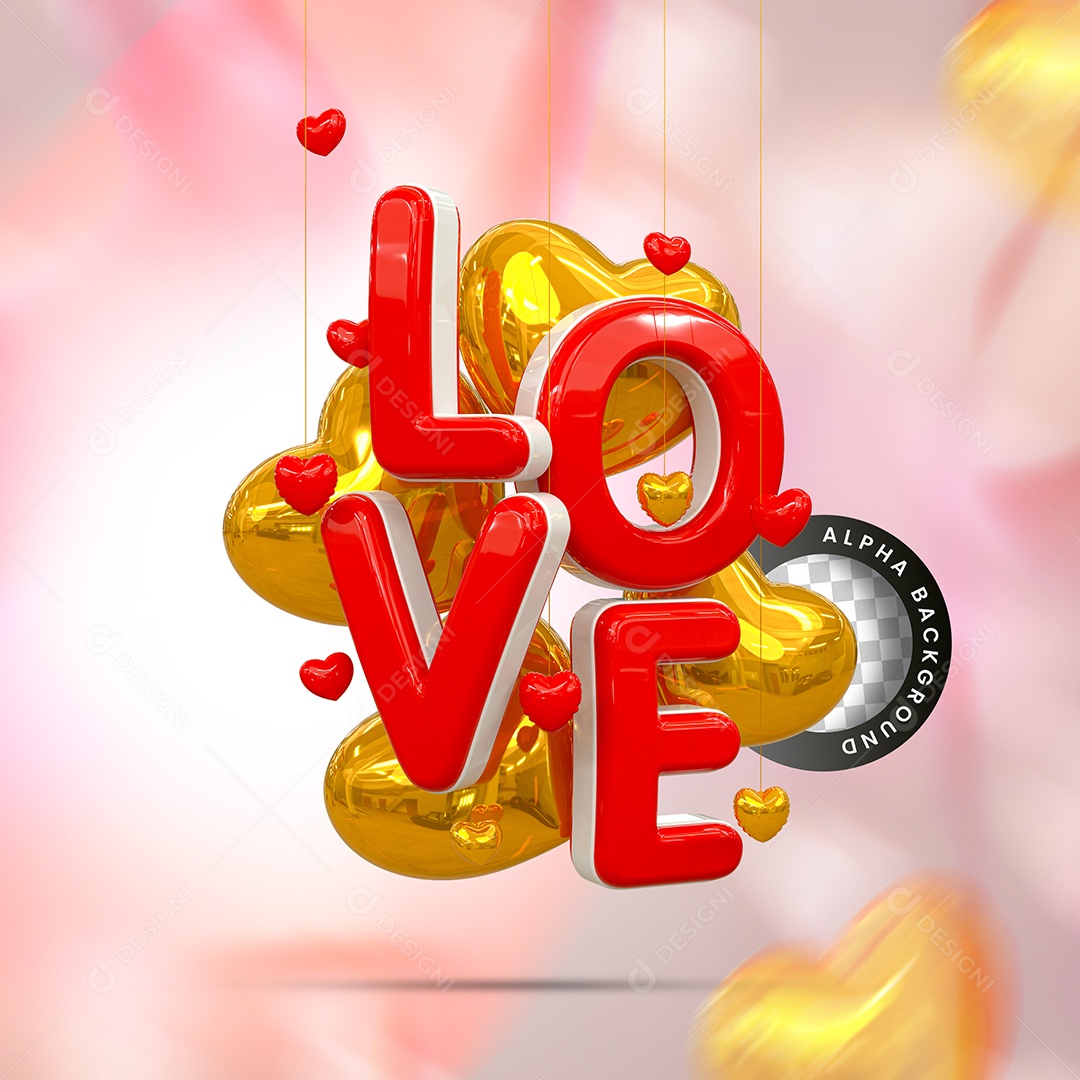 Love Selo 3D Vermelho e Dourado para Composição PSD