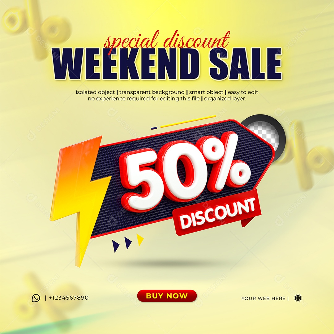 Desconto 50% Elemento 3D Vermelho e Branco para Composição PSD