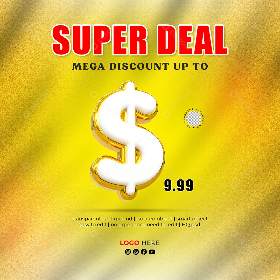 Cifrão Dorado Elemento 3D para Composição PSD