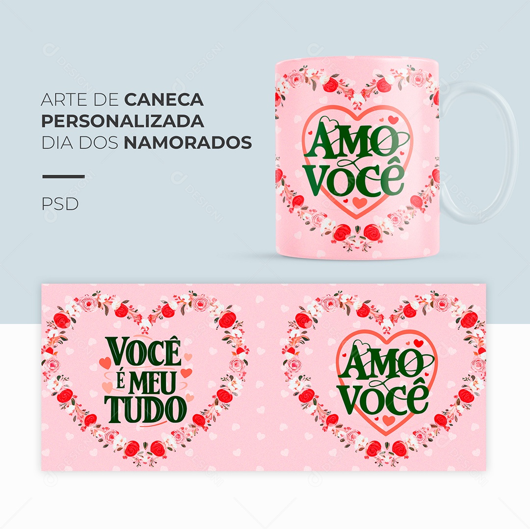 Arte de Caneca Personalizada Dia dos Namorados Amo Você PSD Editável