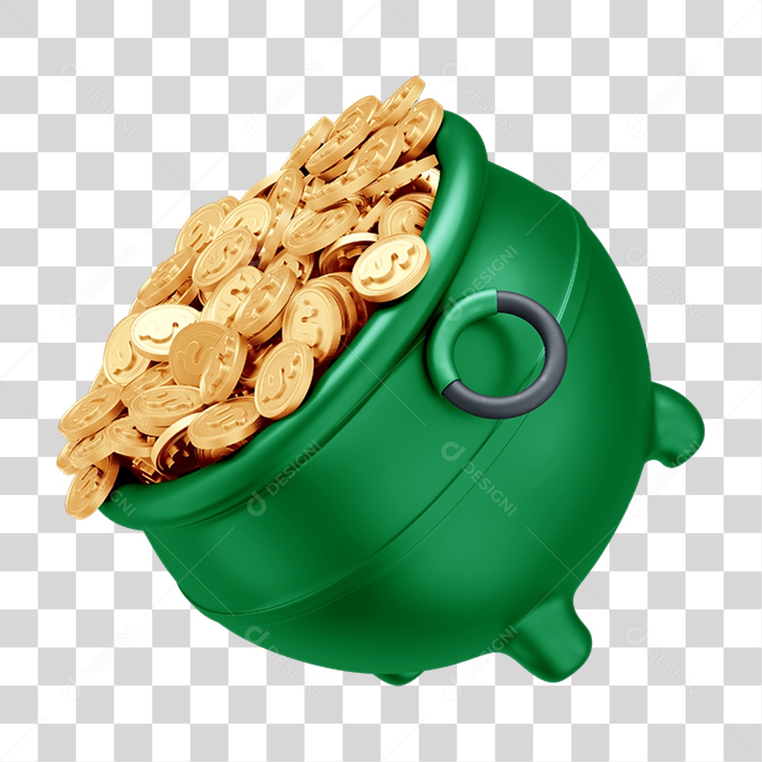 Elemento 3D Caldeirão com Moedas Douradas PNG Transparente