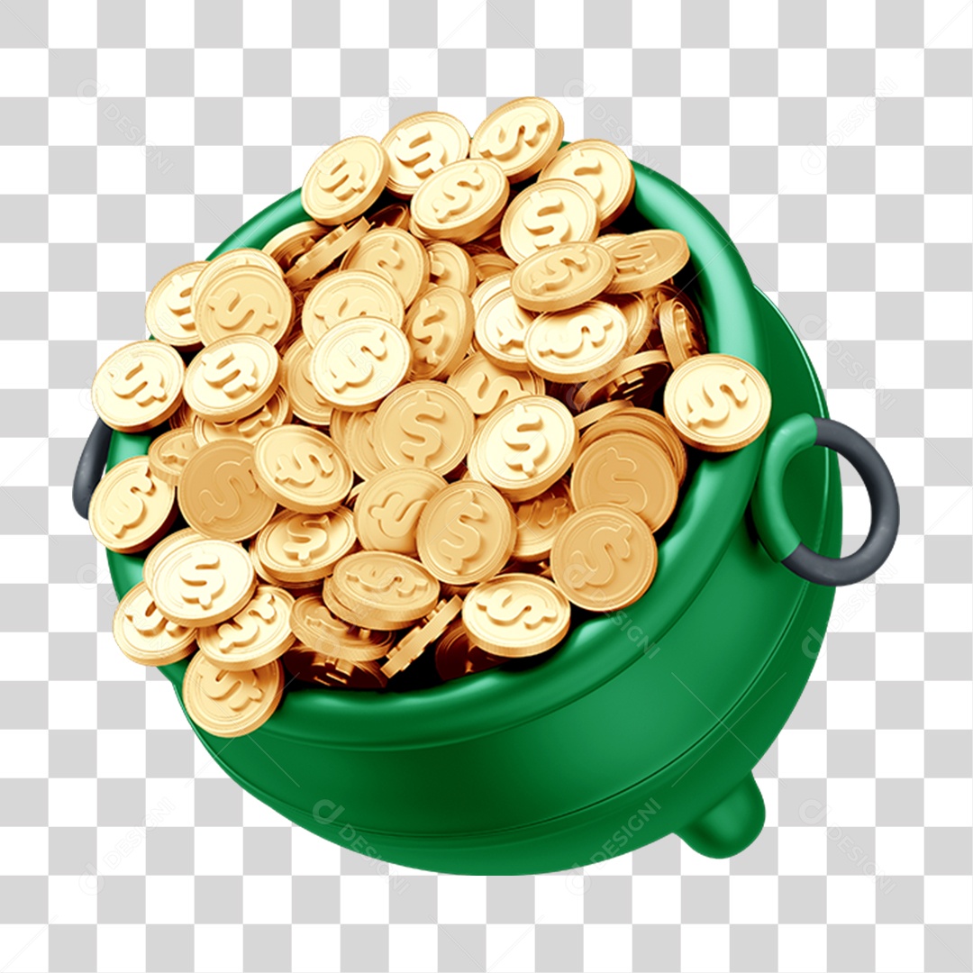 Elemento 3D Caldeirão com Moedas Douradas PNG Transparente