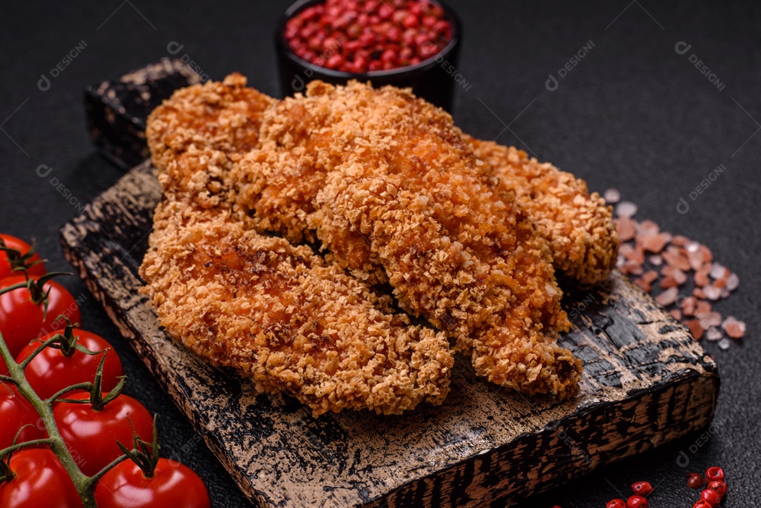 Deliciosos nuggets de frango crocantes frescos em um fundo escuro de concreto. Alimentos não saudáveis, fast food