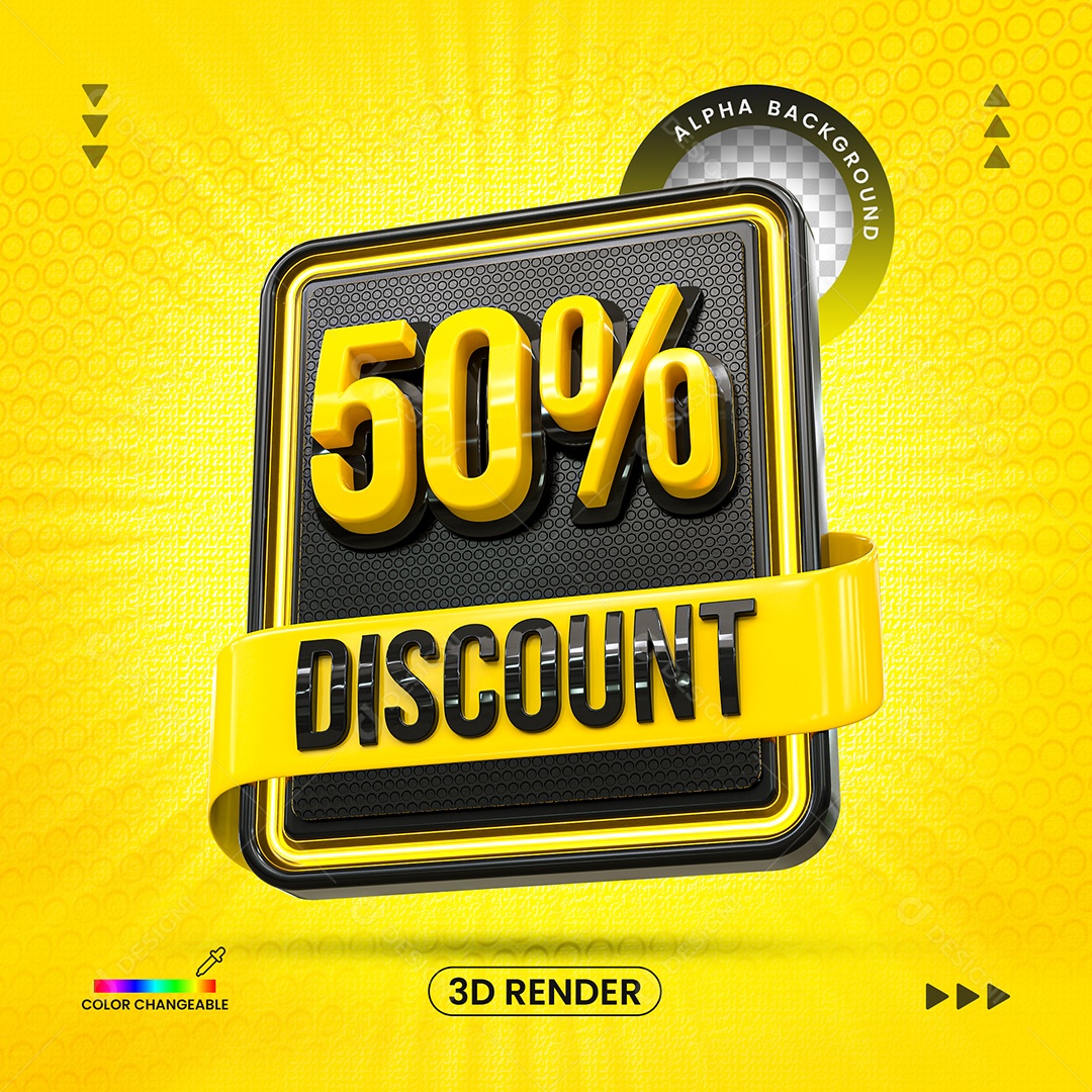 Desconto 50% Elemento 3D Amarelo e Preto para Composição PSD