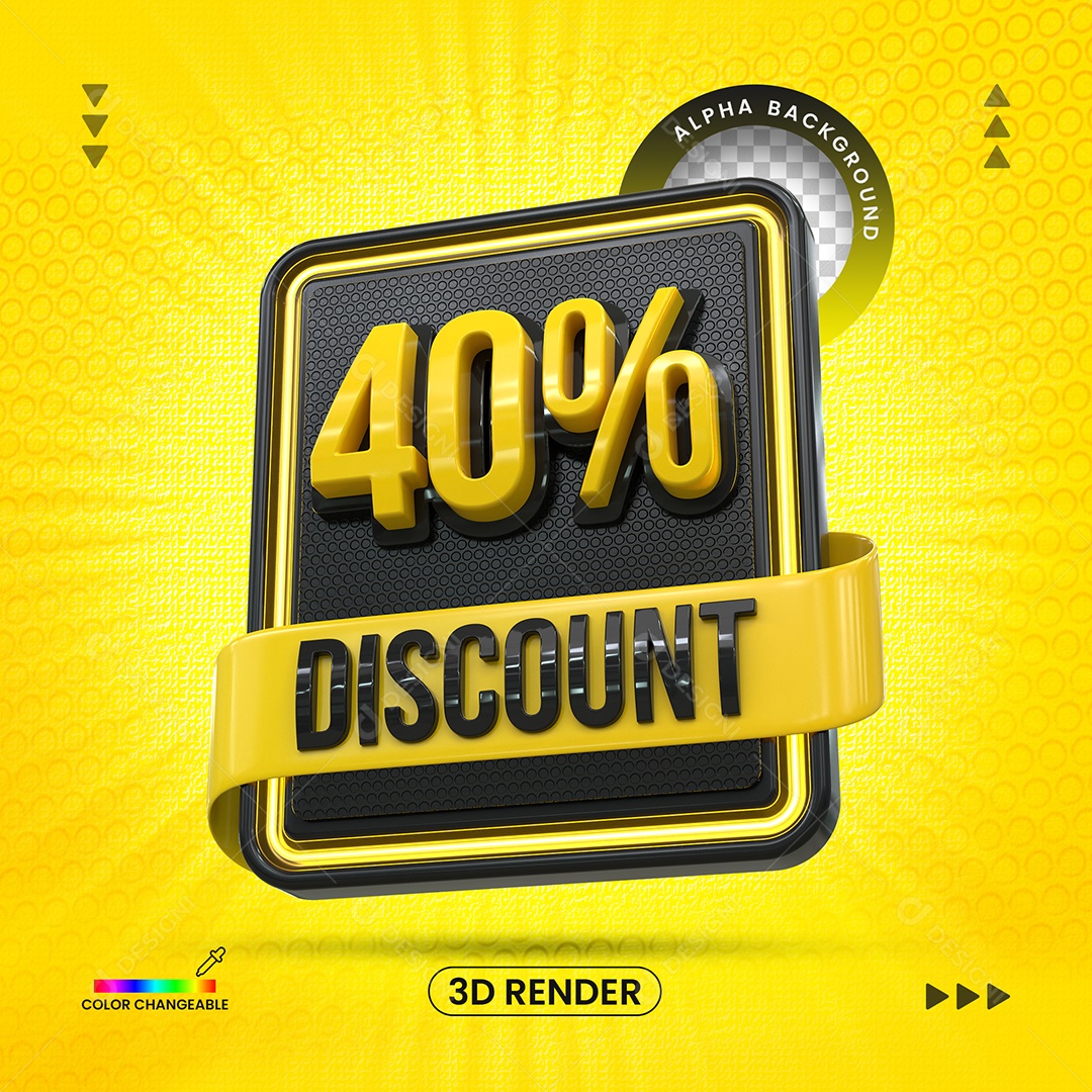 Desconto 40% Elemento 3D Amarelo e Preto para Composição PSD