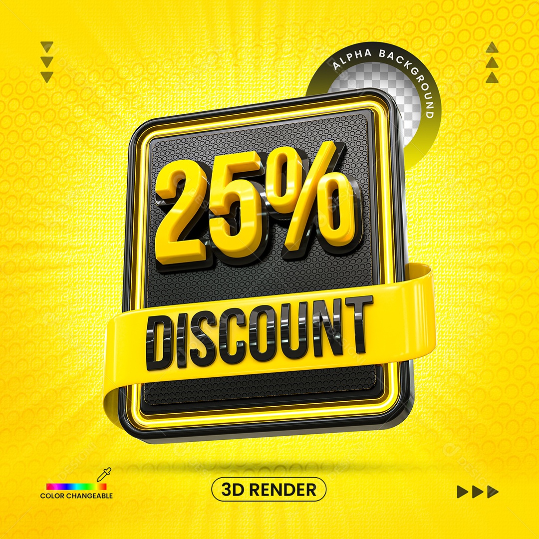 Desconto 25% Elemento 3D Amarelo e Preto para Composição PSD