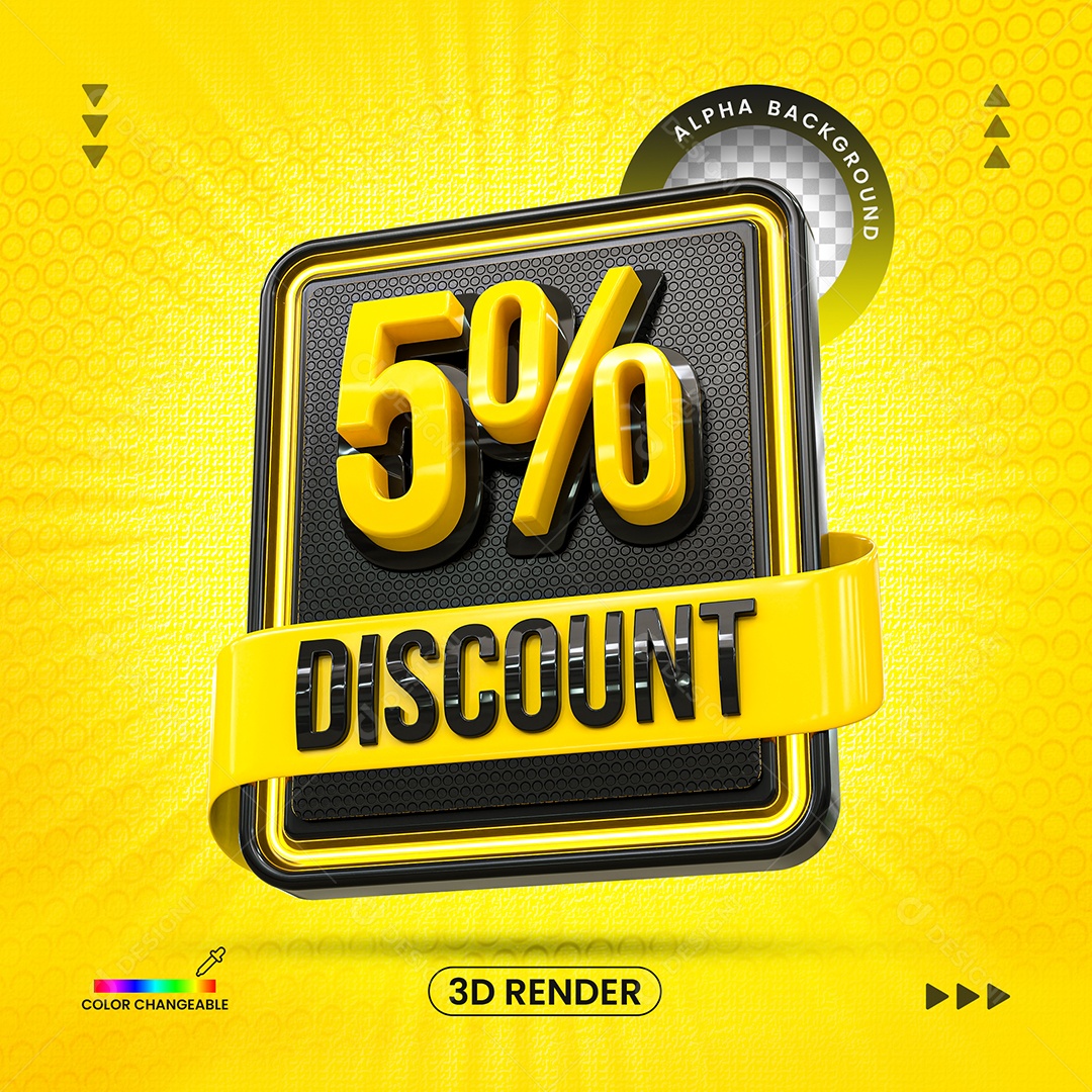 Desconto 5% Elemento 3D Amarelo e Preto para Composição PSD