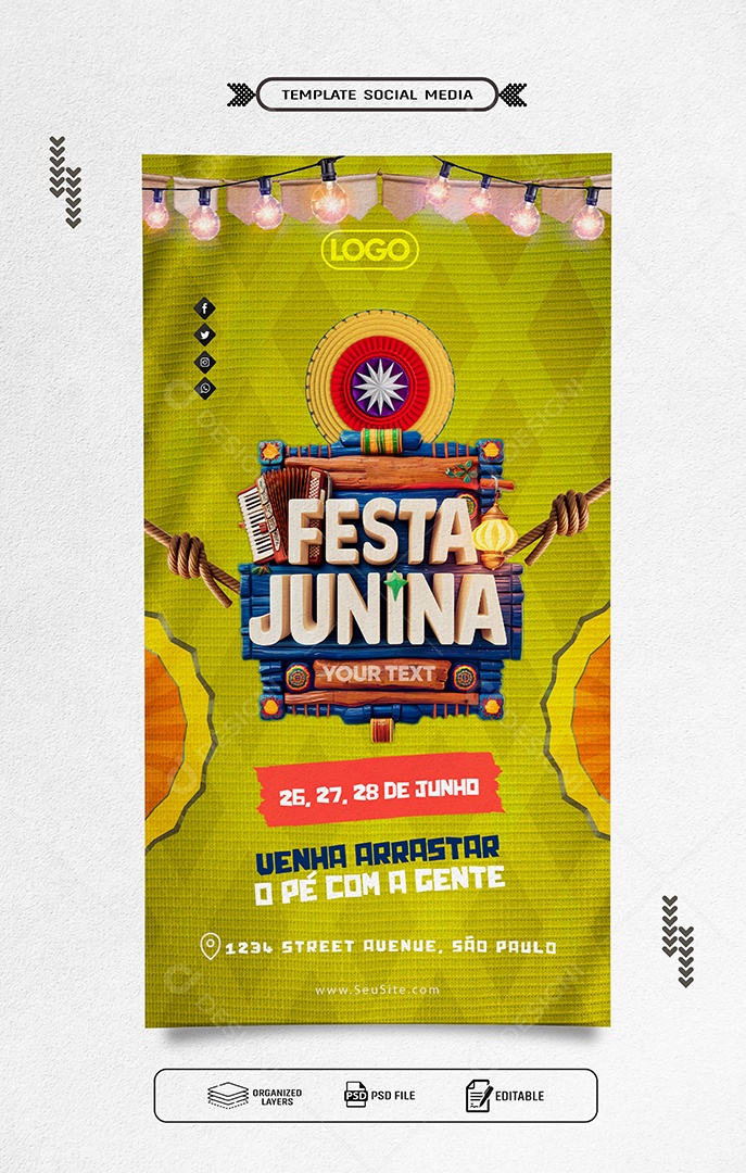 Story Festa Junina Venha Arrastar o Pé com a Gente Social Media PSD Editável