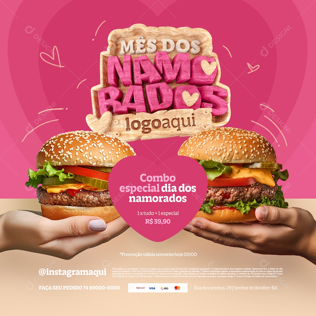 Mês dos Namorados Hamburgueria Combo Especial Dia dos Namorados Social Media PSD Editável