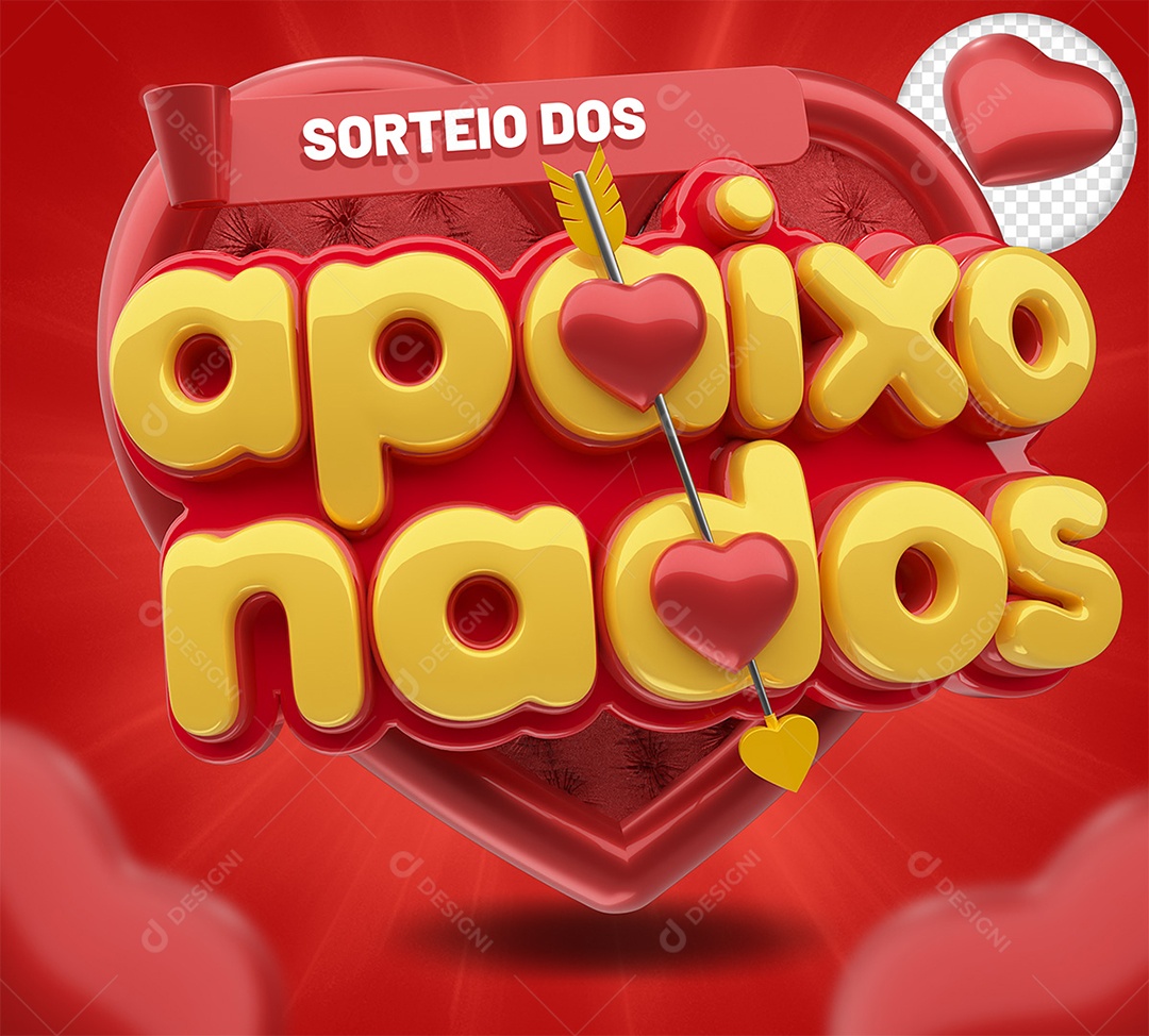 Selo 3D Sorteio dos Apaixonados Vermelho e Amarelo para Composição PSD