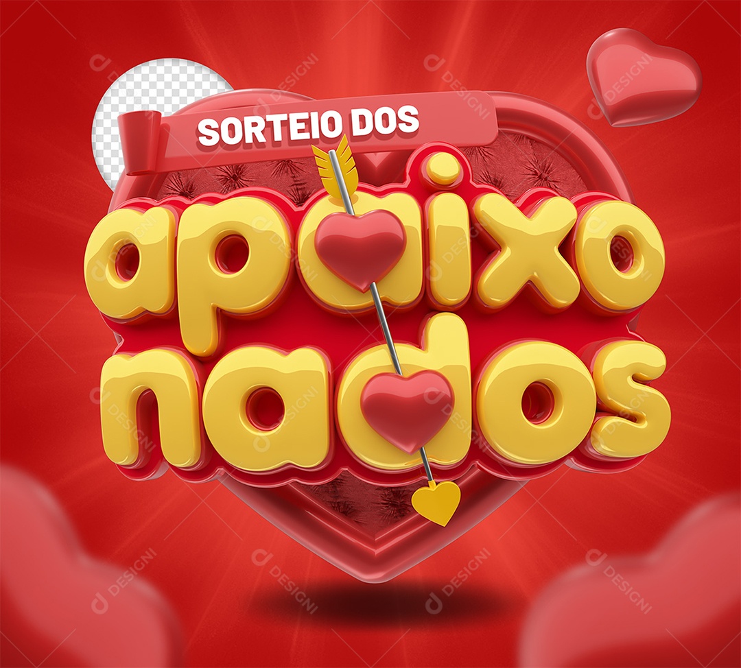 Sorteio dos Apaixonados Selo 3D Vermelho e Amarelo para Composição PSD