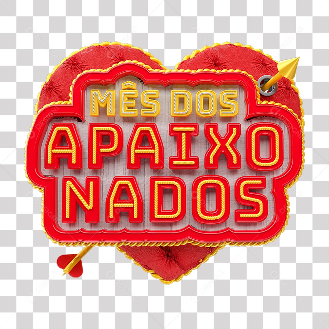 Mês dos Apaixonados Selo 3D Vermelho e Amarelo para Composição PNG Transparente