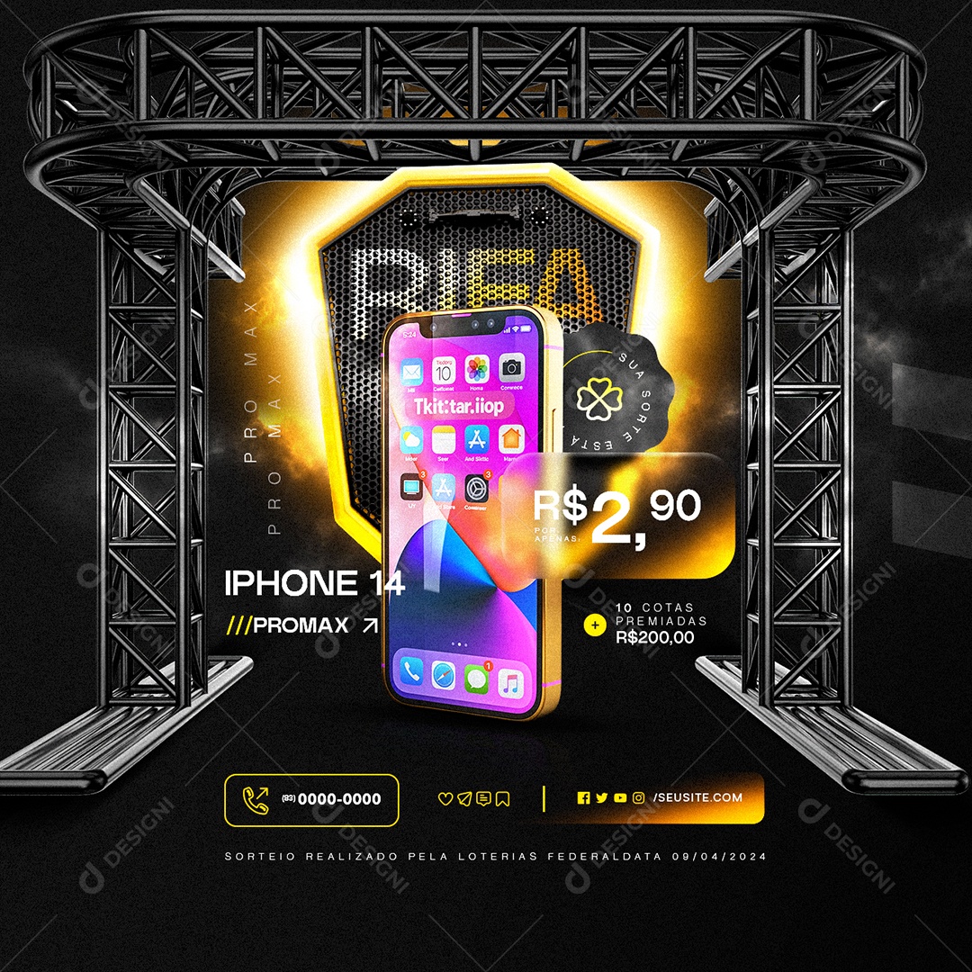 Rifa Iphone 14 Pro Max 10 Cotas Premiadas Social Media PSD Editável