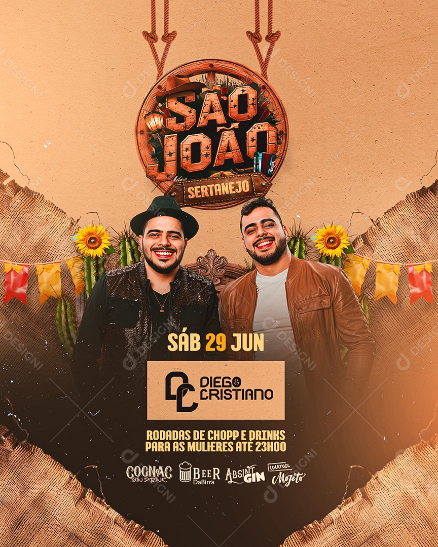 Flyer São João Sertanejo Diego e Cristiano Social Media PSD Editável