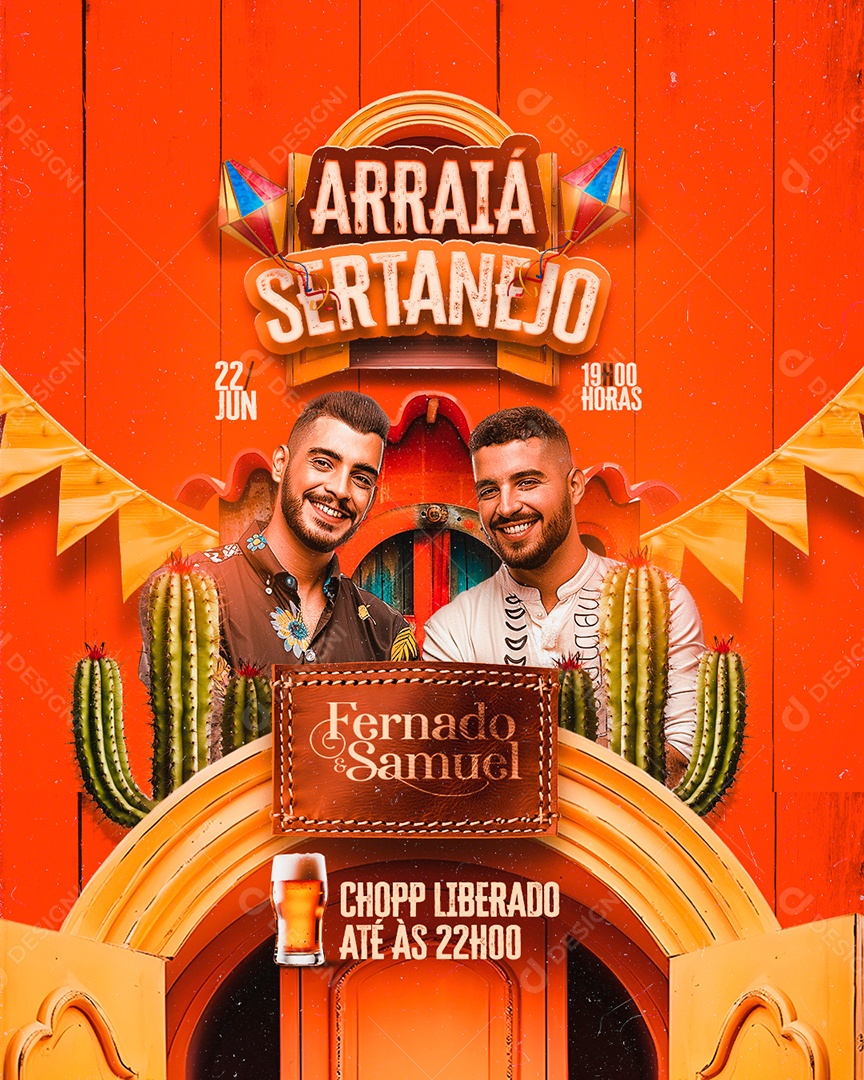 Flyer Arraiá Sertanejo Fernado e Samuel Social Media PSD Editável