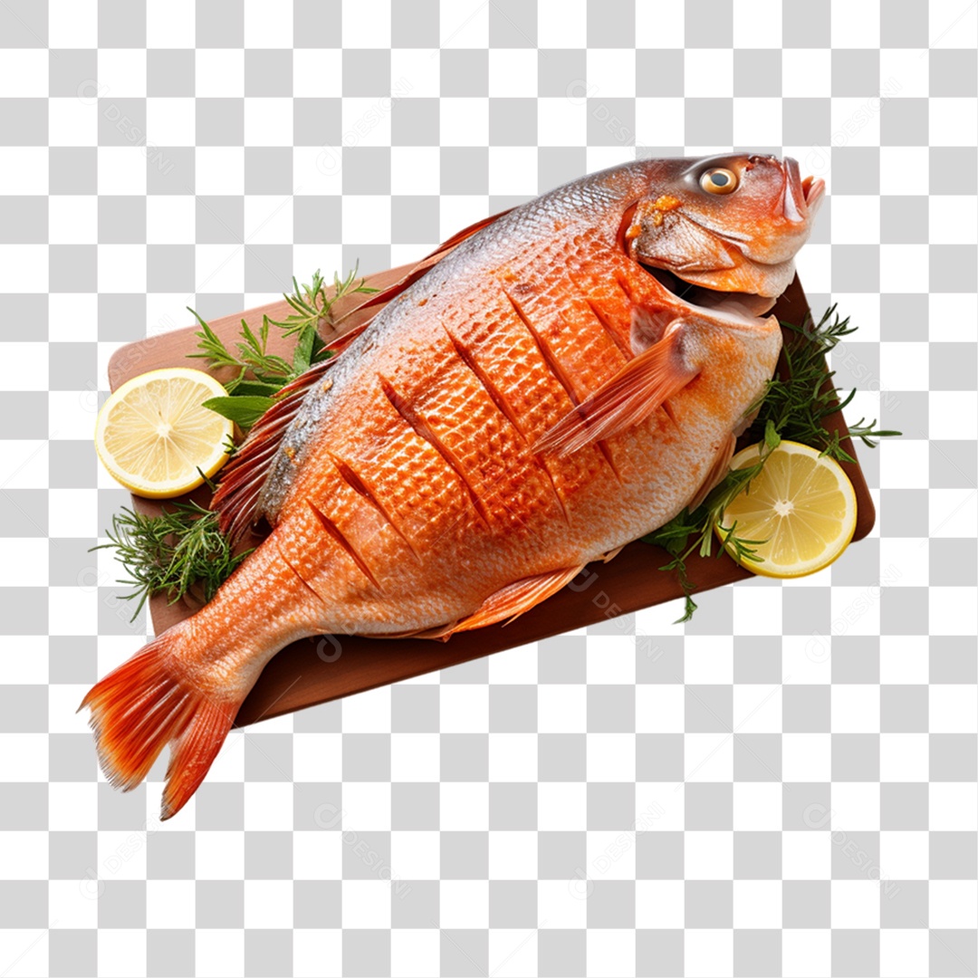 Peixe em Tábua de Madeira PNG Transparente
