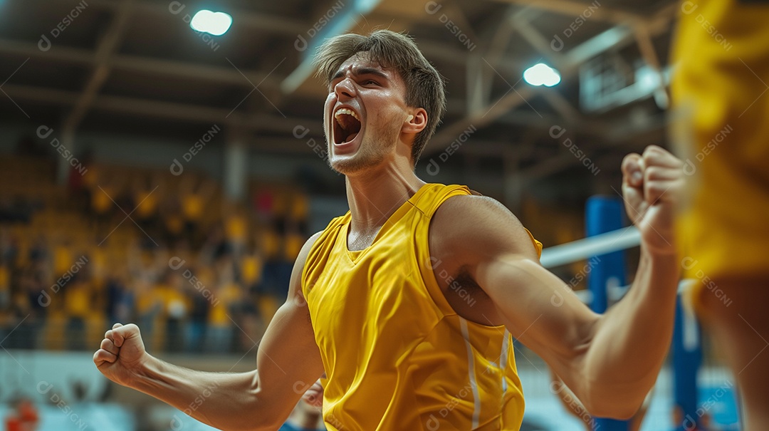 Jogadores de vôlei comemorando ponto