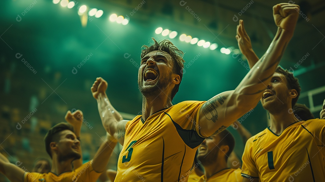 Jogadores de vôlei comemorando ponto