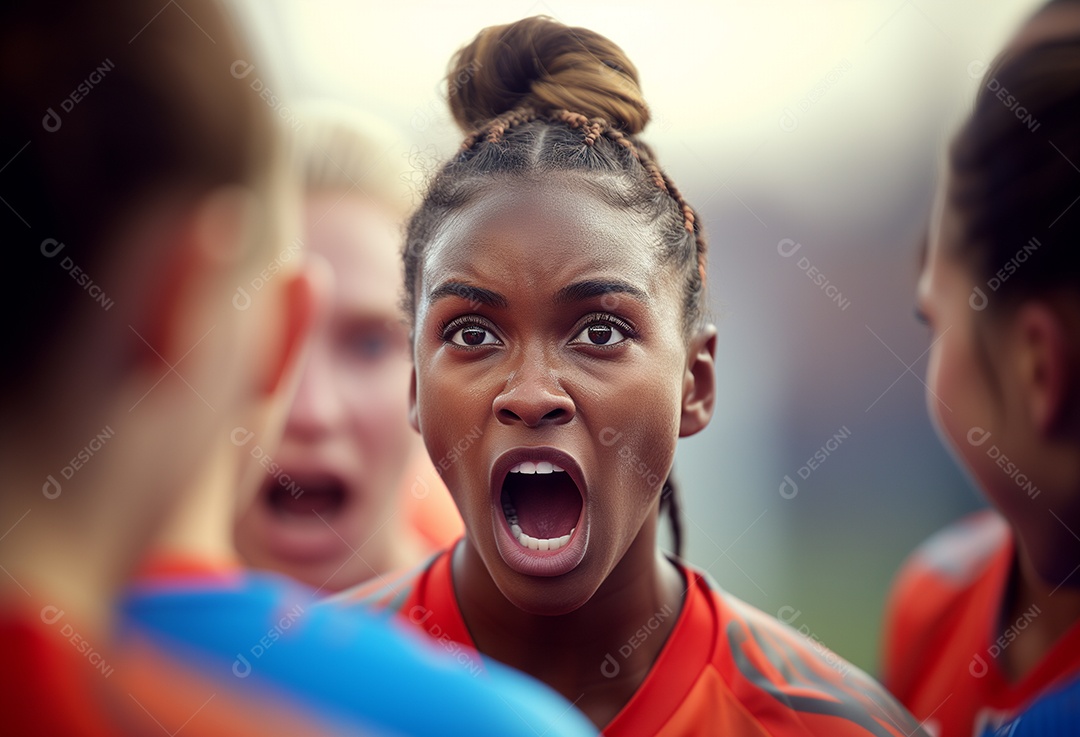 Jogadoras de futebol feminino gritam umas com as outras na comemoração do gol