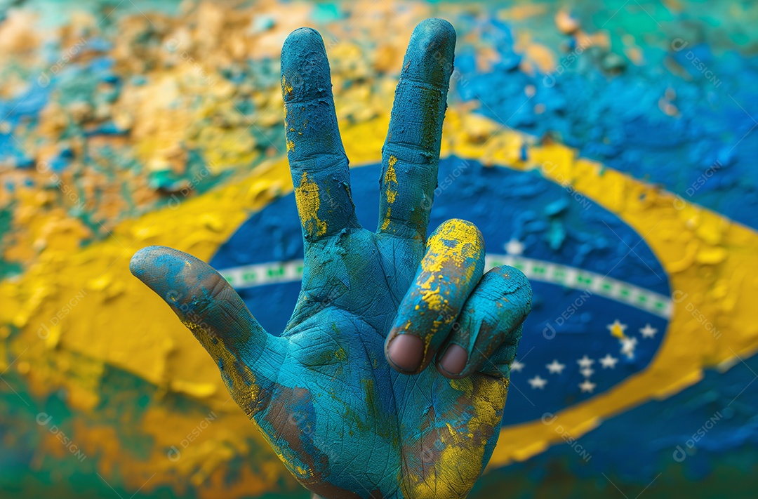 Mão pintada com as cores da bandeira brasileira fazendo um símbolo de vitória