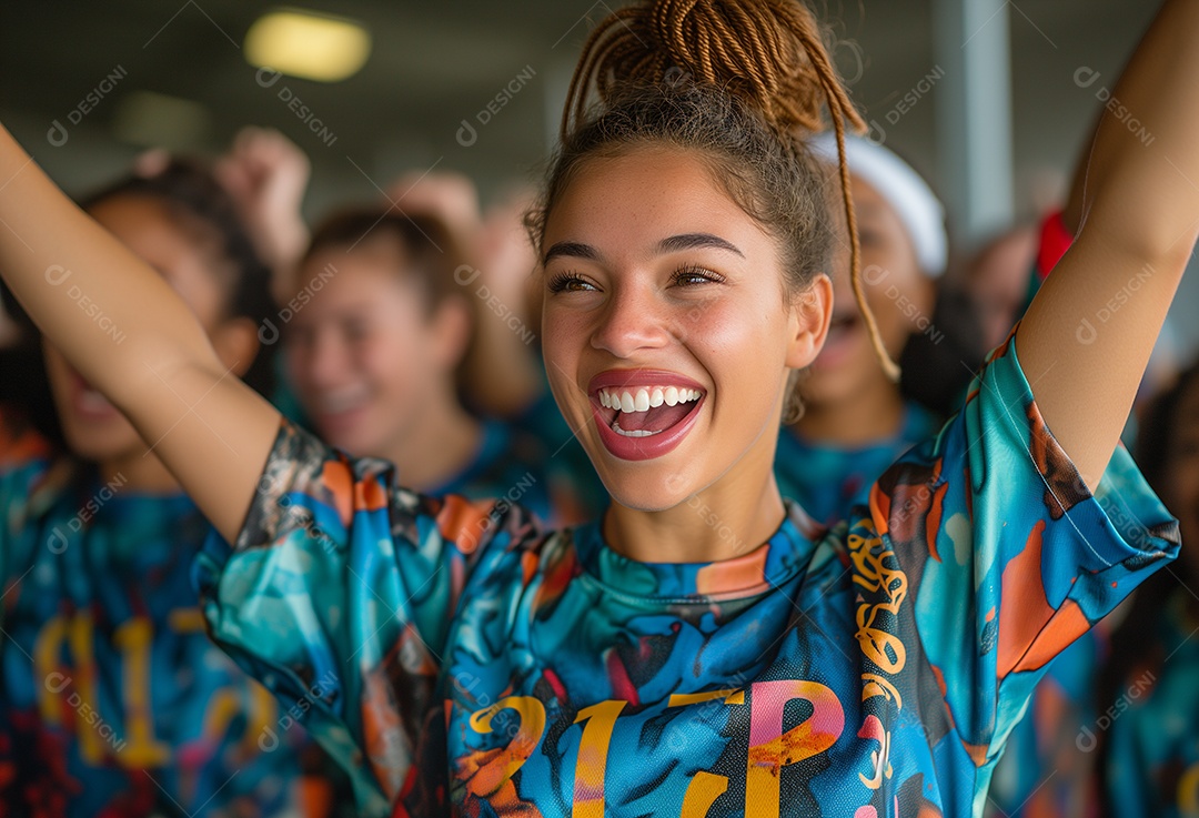 Um grupo de felizes companheiras de futebol torcendo no estádio