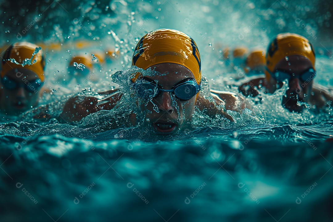 Atletas de natação competindo em uma piscina