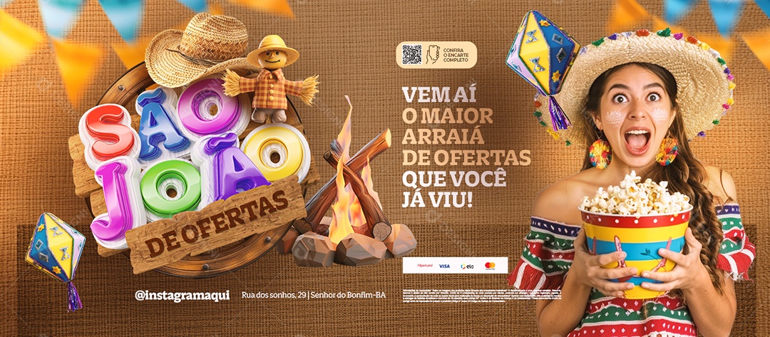 Banner São João de Ofertas Supermercado O Maior Arraiá de Ofertas Social Media PSD Editável