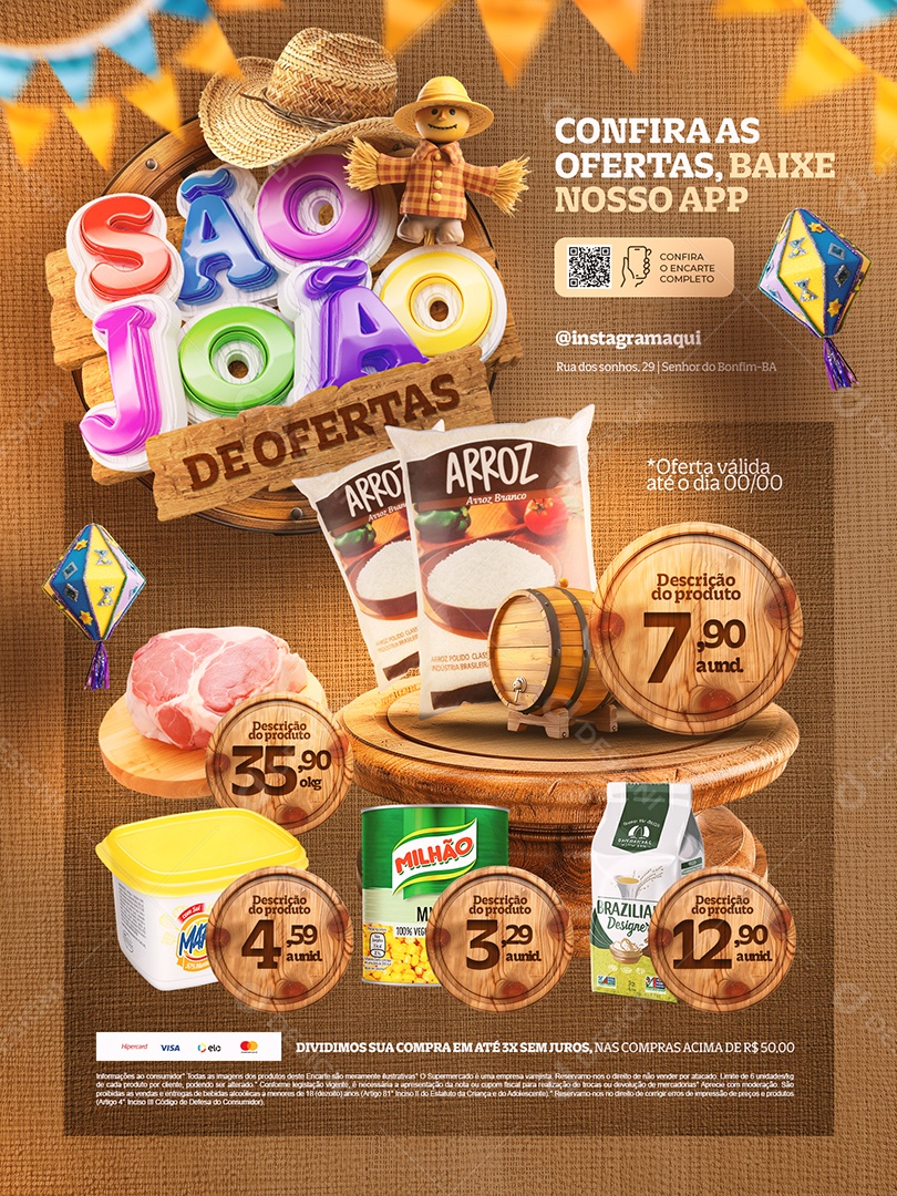 São João de Ofertas Supermercado Encarte Arroz Carne Margarina Social Media PSD Editável