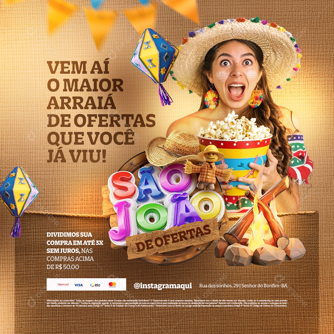 São João de Ofertas Supermercado Vem Aí o Maior Arraiá de Ofertas Social Media PSD Editável