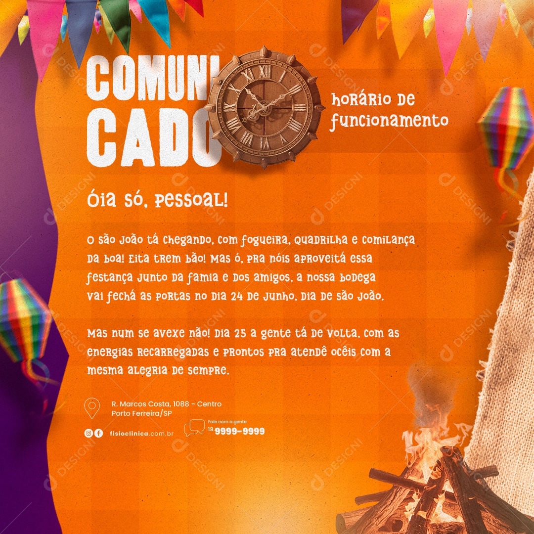 Comunicado Horário de Funcionamento Dia de São João Social Media PSD Editável