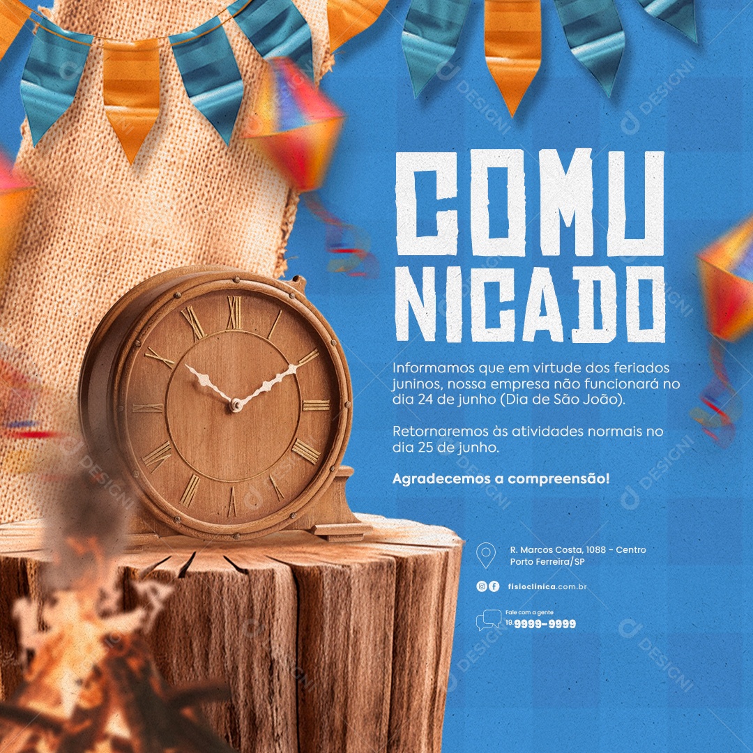 Comunicado Feriados Juninos Dia de São João Social Media PSD Editável