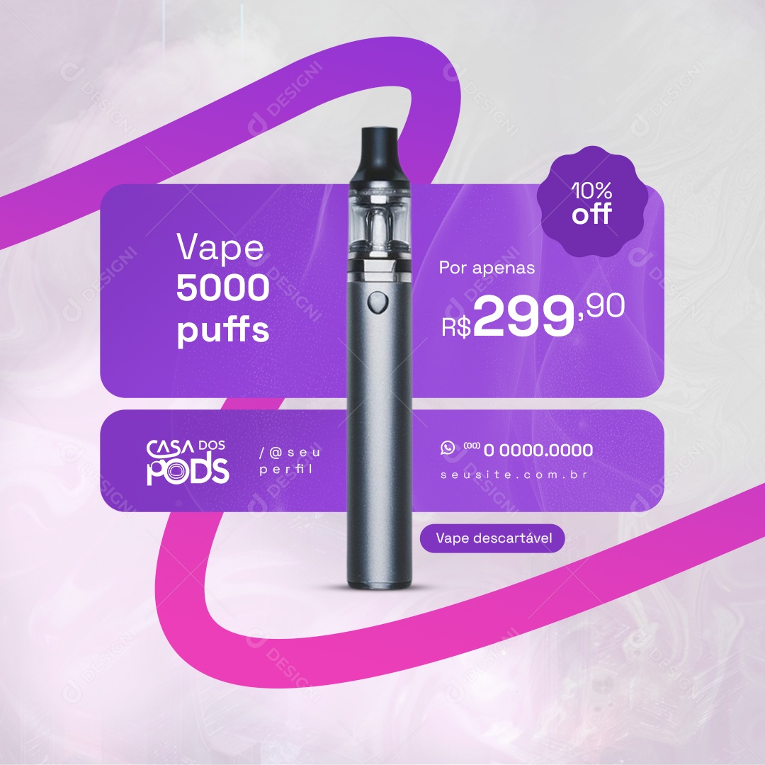 Loja de Pods Vape 5000 Puffs 10% Off Social Media PSD Editável