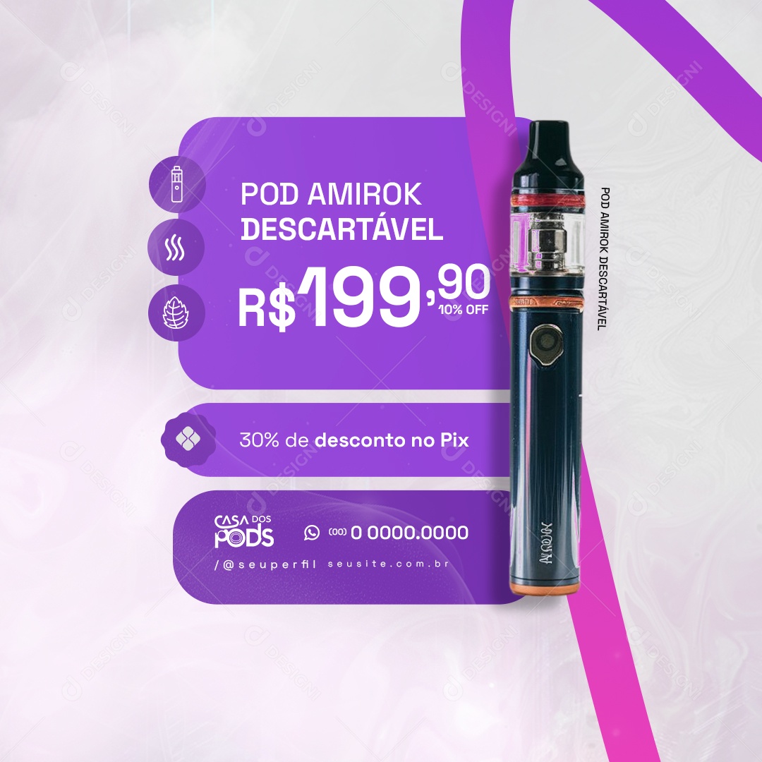 Loja de Pods 30% de Desconto no Pix Pod Amirok Descartável Social Media PSD Editável