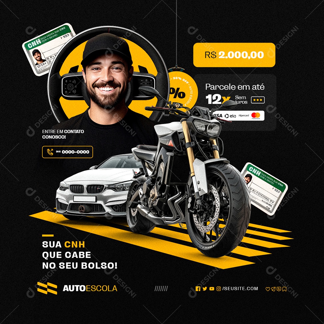 Autoescola Sua CNH Que Cabe no Seu Bolso Entre em Contato Social Media PSD Editável