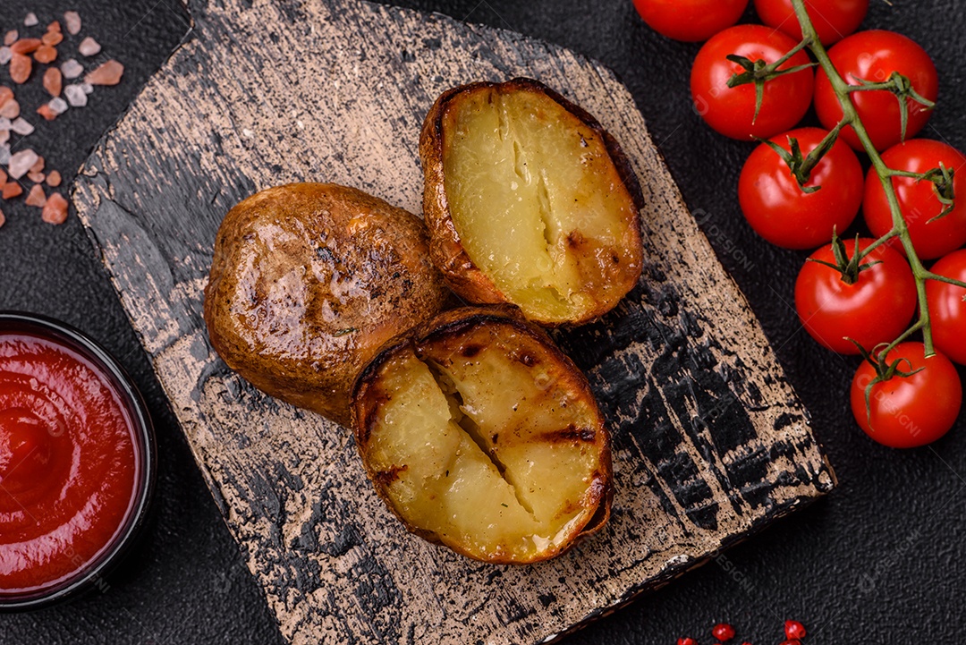 Deliciosas batatas cortadas ao meio grelhadas com sal, especiarias e ervas sobre um fundo escuro de concreto