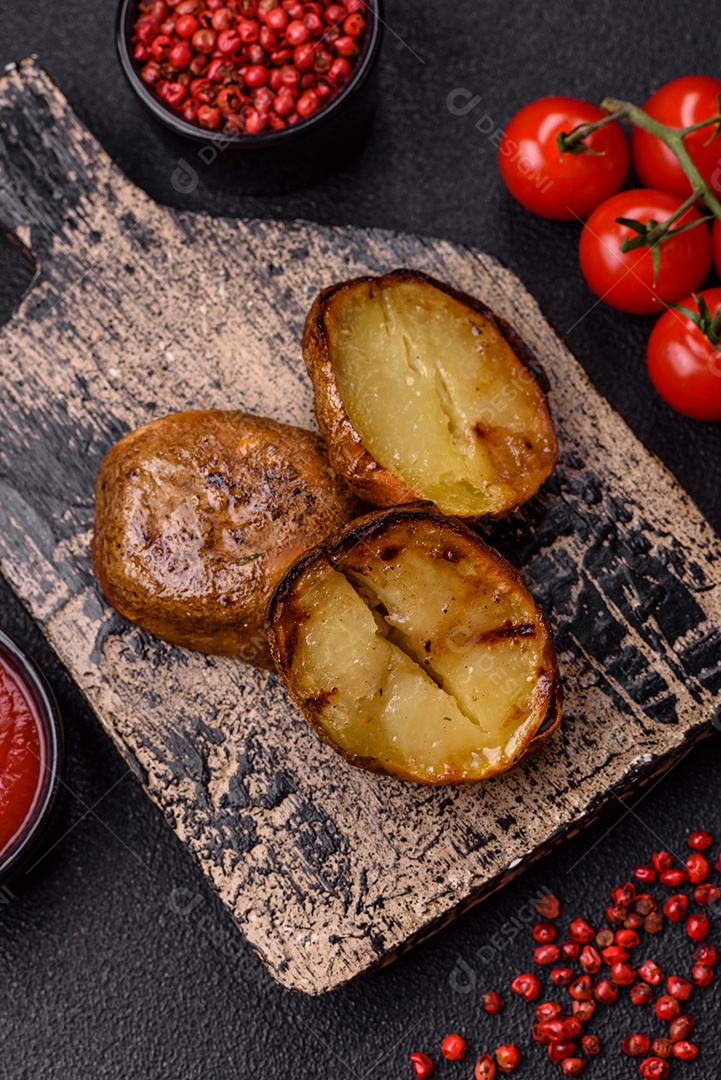 Deliciosas batatas cortadas ao meio grelhadas com sal, especiarias e ervas sobre um fundo escuro de concreto