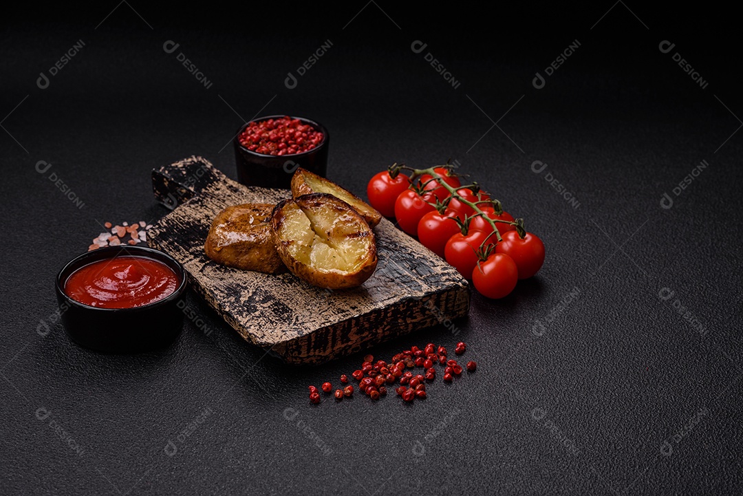Deliciosas batatas cortadas ao meio grelhadas com sal, especiarias e ervas sobre um fundo escuro de concreto