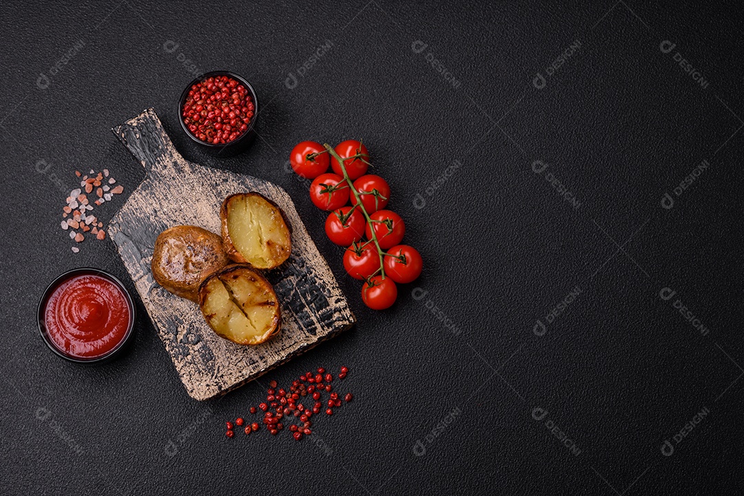 Deliciosas batatas cortadas ao meio grelhadas com sal, especiarias e ervas sobre um fundo escuro de concreto
