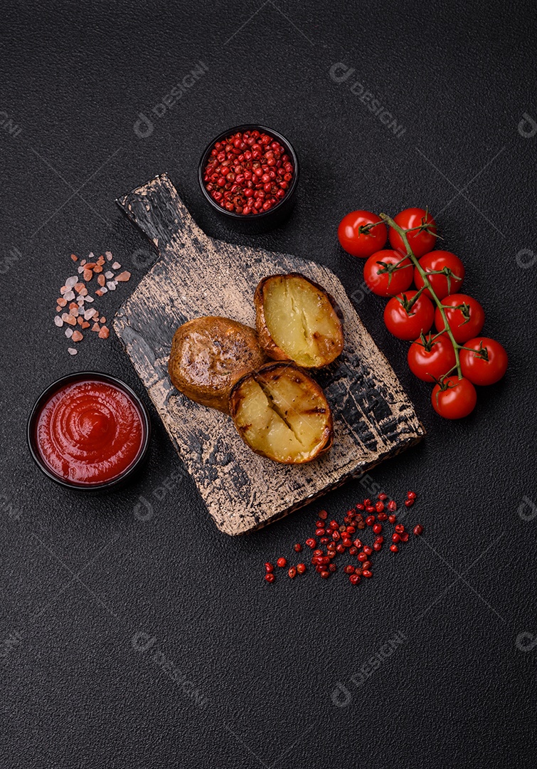 Deliciosas batatas cortadas ao meio grelhadas com sal, especiarias e ervas sobre um fundo escuro de concretoBatatas cortadas grelhadas comida alimento sobre mesa gastronomia Fotos Imagens