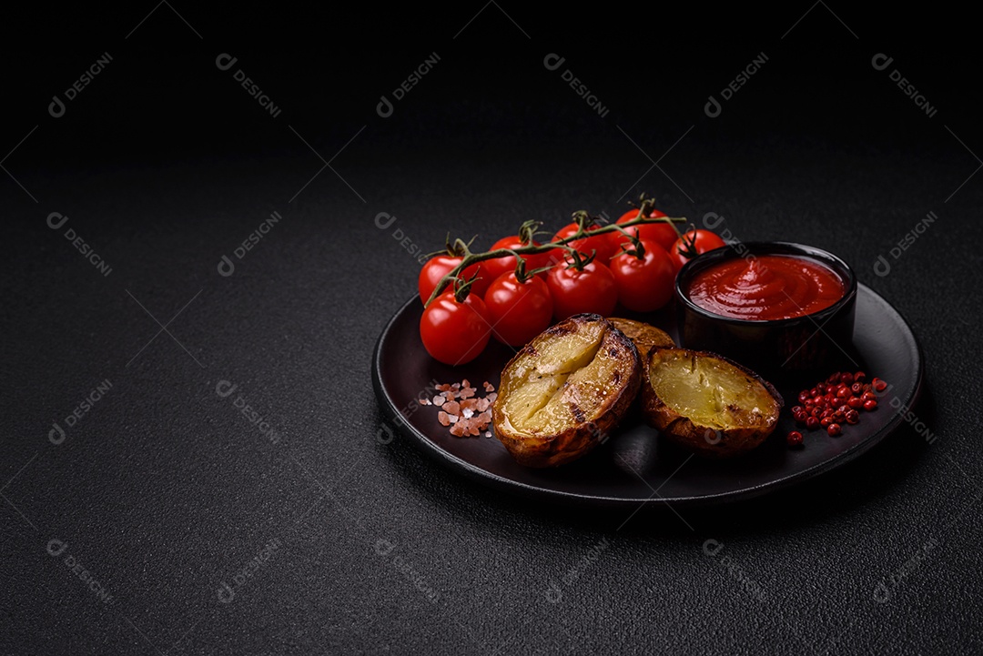 Deliciosas batatas cortadas ao meio grelhadas com sal, especiarias e ervas sobre um fundo escuro de concreto