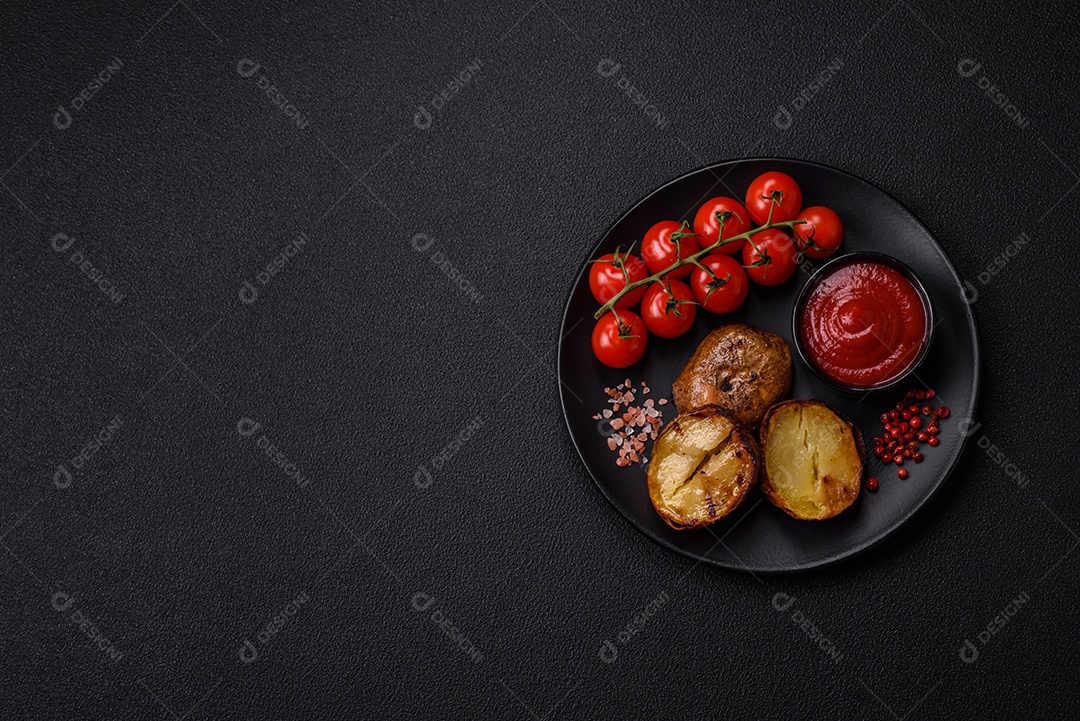 Deliciosas batatas cortadas ao meio grelhadas com sal, especiarias e ervas sobre um fundo escuro de concreto
