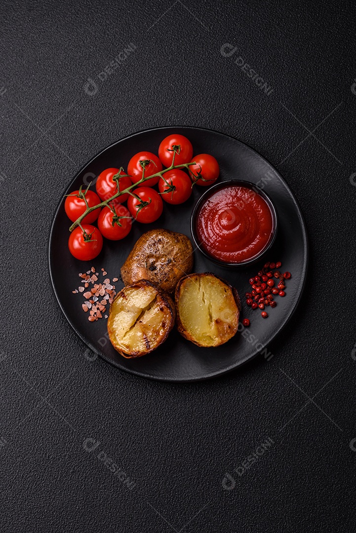 Deliciosas batatas cortadas ao meio grelhadas com sal, especiarias e ervas sobre um fundo escuro de concreto