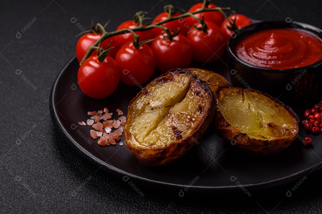 Deliciosas batatas cortadas ao meio grelhadas com sal, especiarias e ervas sobre um fundo escuro de concreto