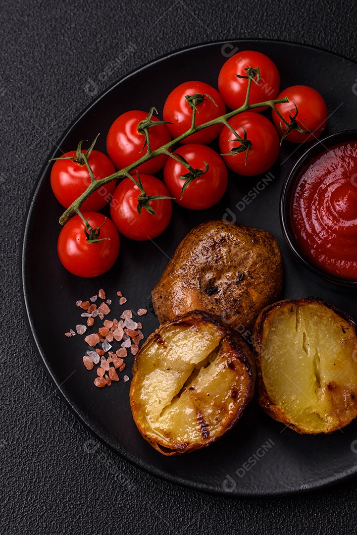 Deliciosas batatas cortadas ao meio grelhadas com sal, especiarias e ervas sobre um fundo escuro de concreto